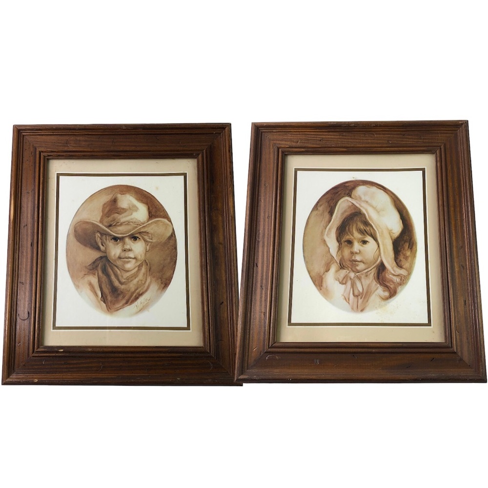 Vintage Wood Framed Art Print Signed Artist Vel Miller Young Cowboy Girl 1970s